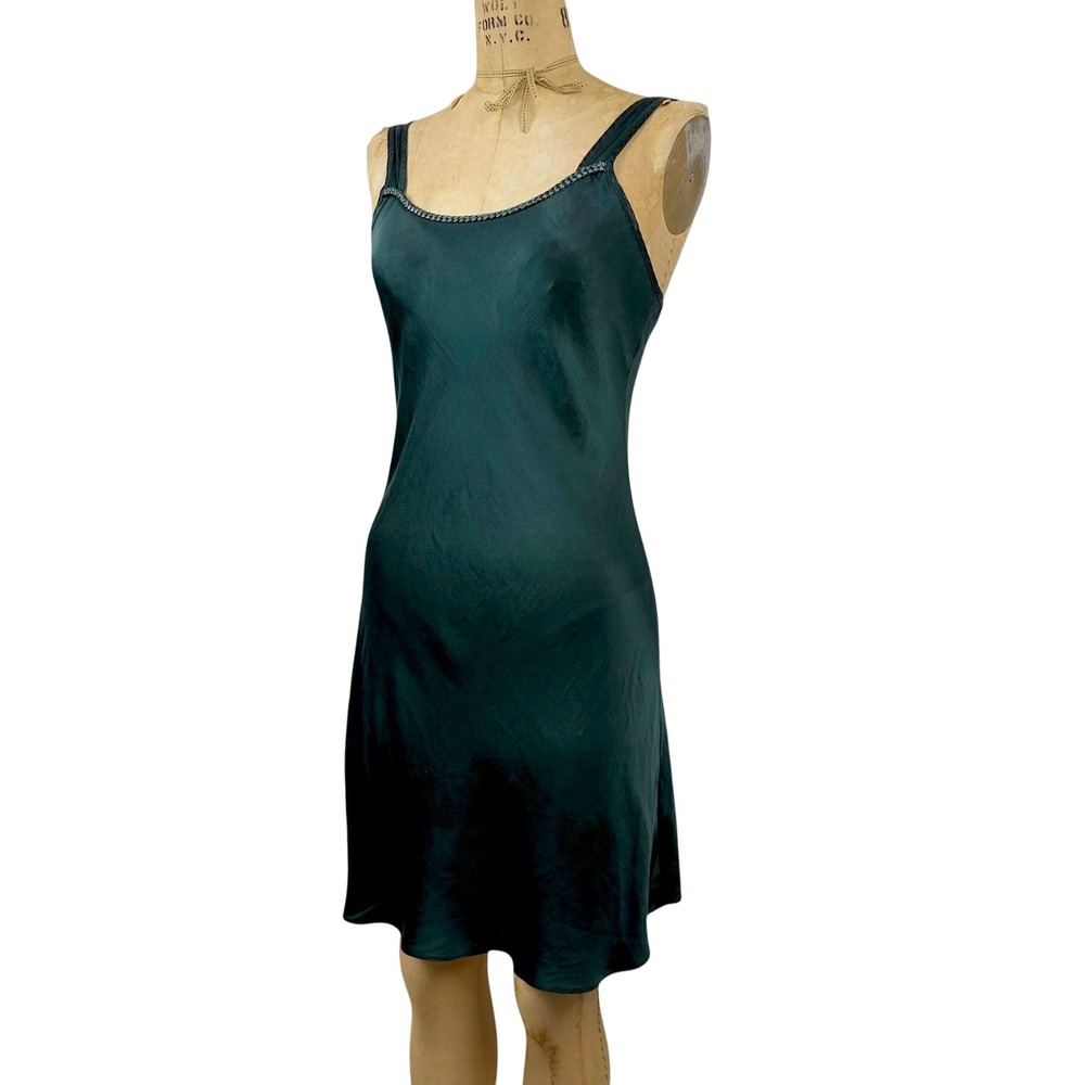 Vintage 90s Valarie Stevens Silk Slip Dress Forest Green Bias Cut Midi Size S - Picture 4 of 8